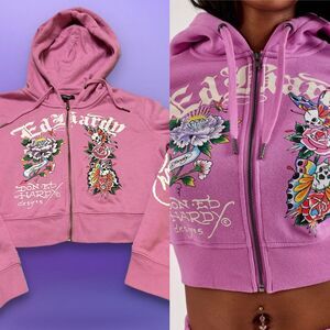 Ed Hardy Pink Zip Up Hoodie Graphic Sweatshirt XL Girls